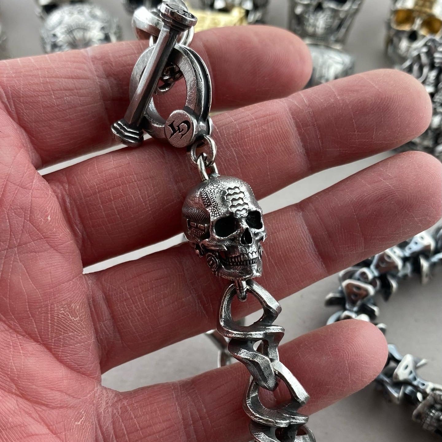 Sterling Silver Spiral Link Bracelet w TechSkull.1 Bead