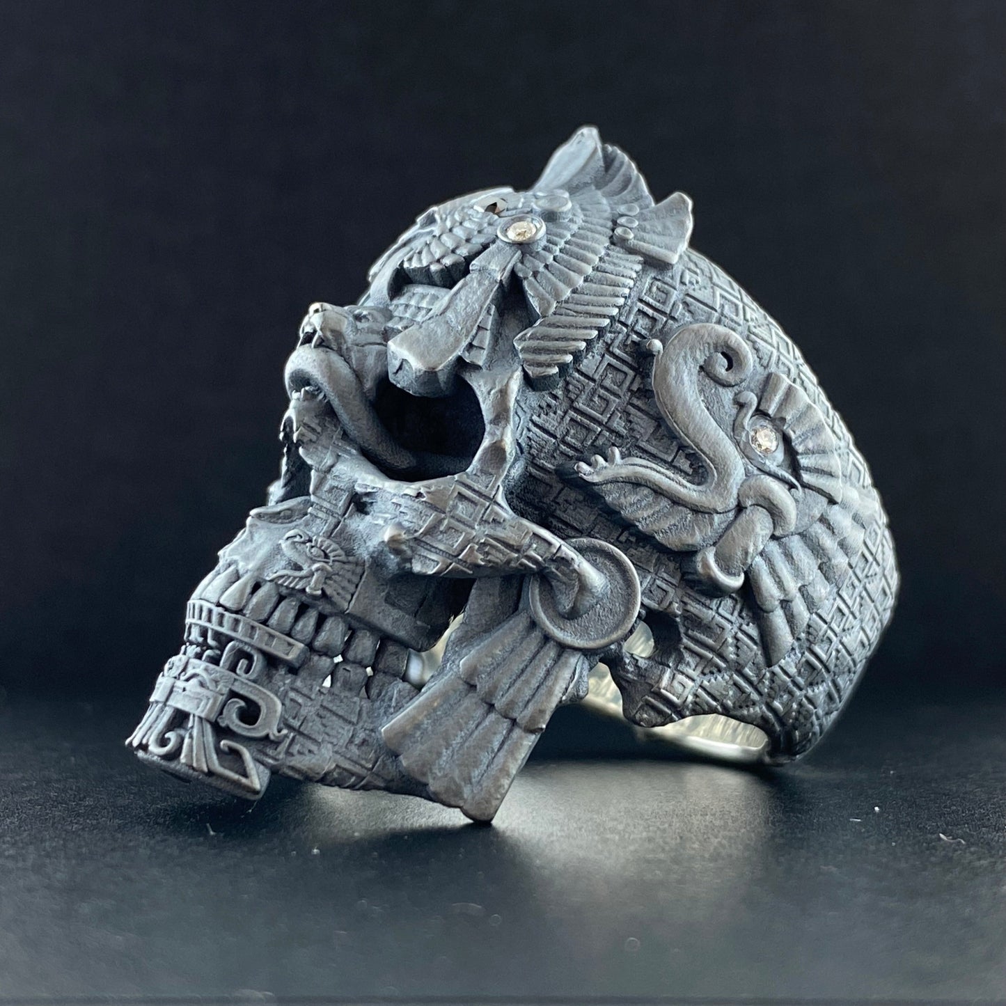 Blackened Sterling MesoSkull Ring with Diamonds