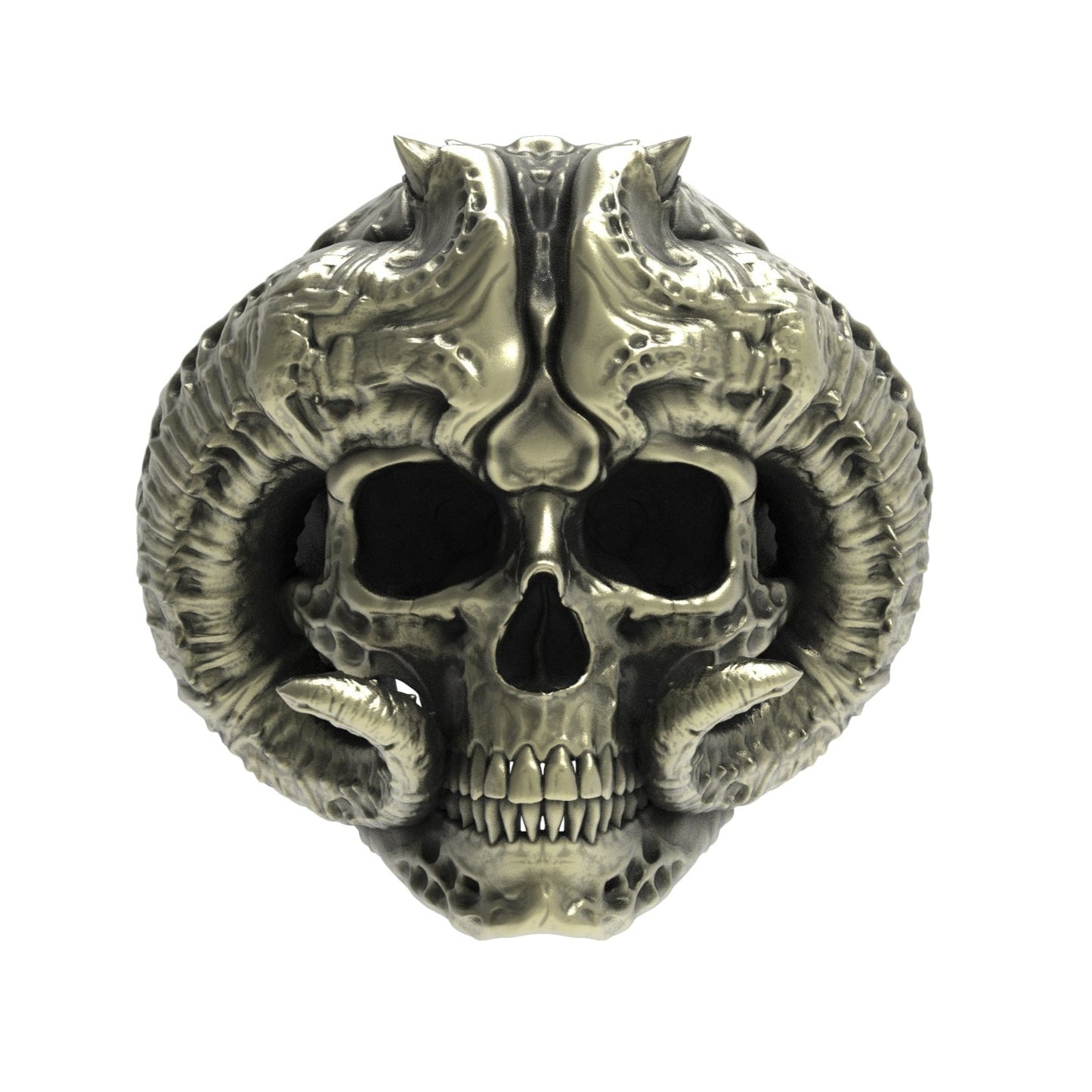 Brass Horned Demon Skull Ring