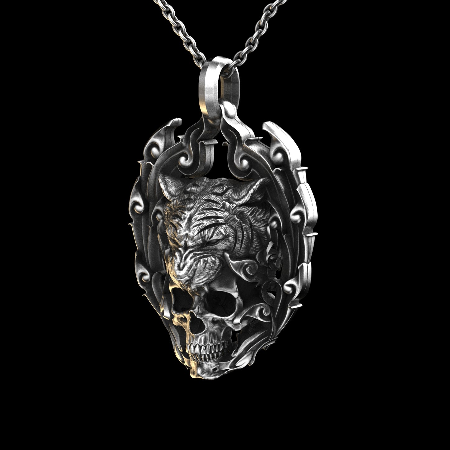 Tiger Skull Pendant Sterling