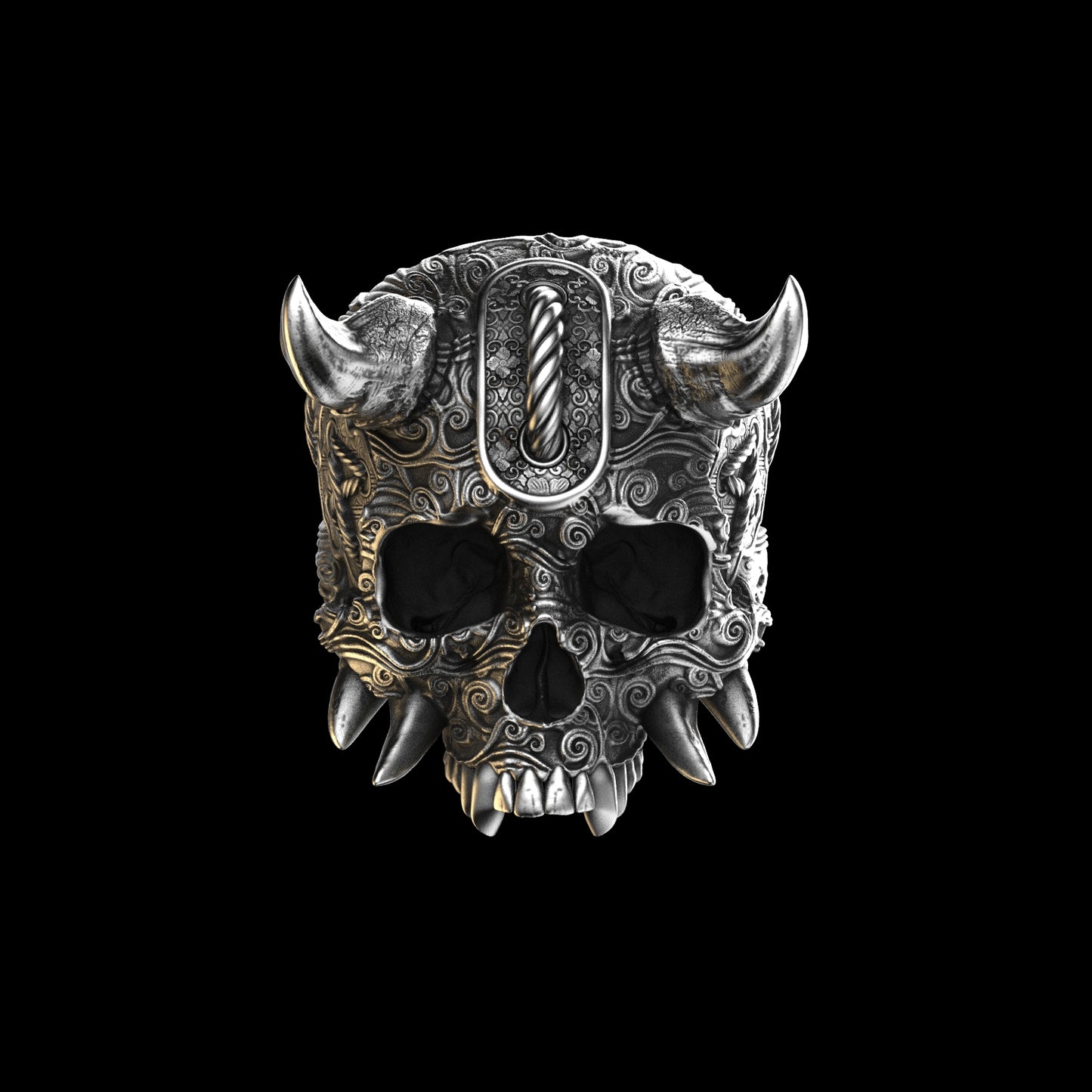 Horned Oni Skull Ring Sterling