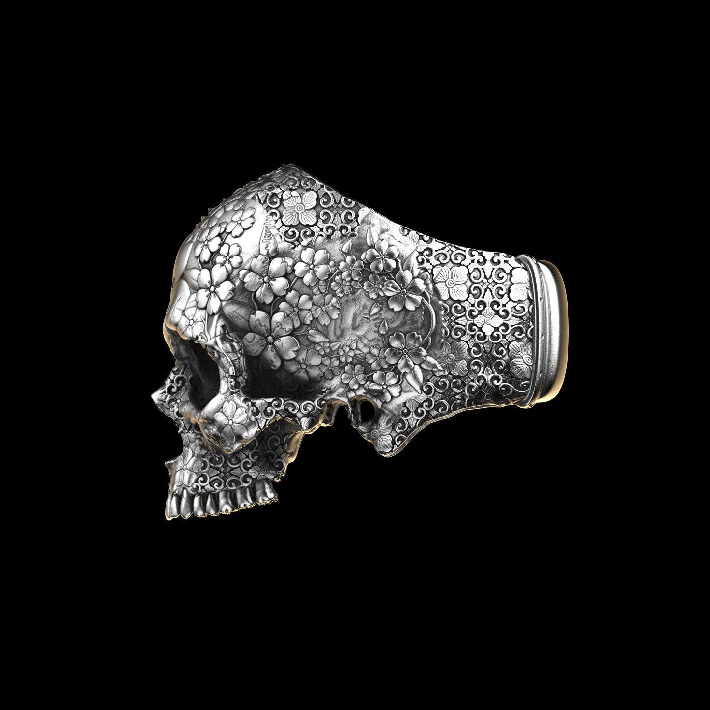 Japanese Garden Skull Ring Sterling Silver